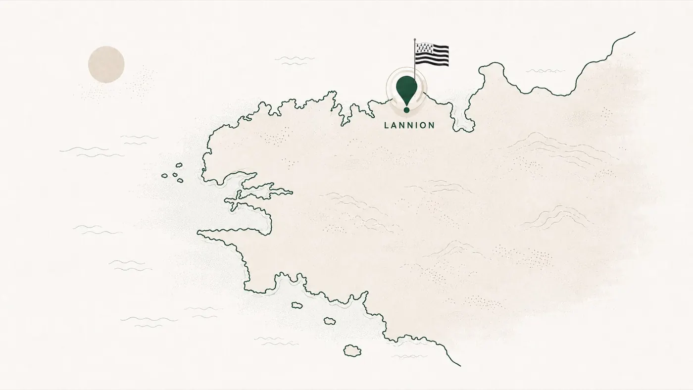 Carte illustrée de la Bretagne avec un repère sur Lannion, Côtes-d’Armor, siège et atelier de fabrication Endro