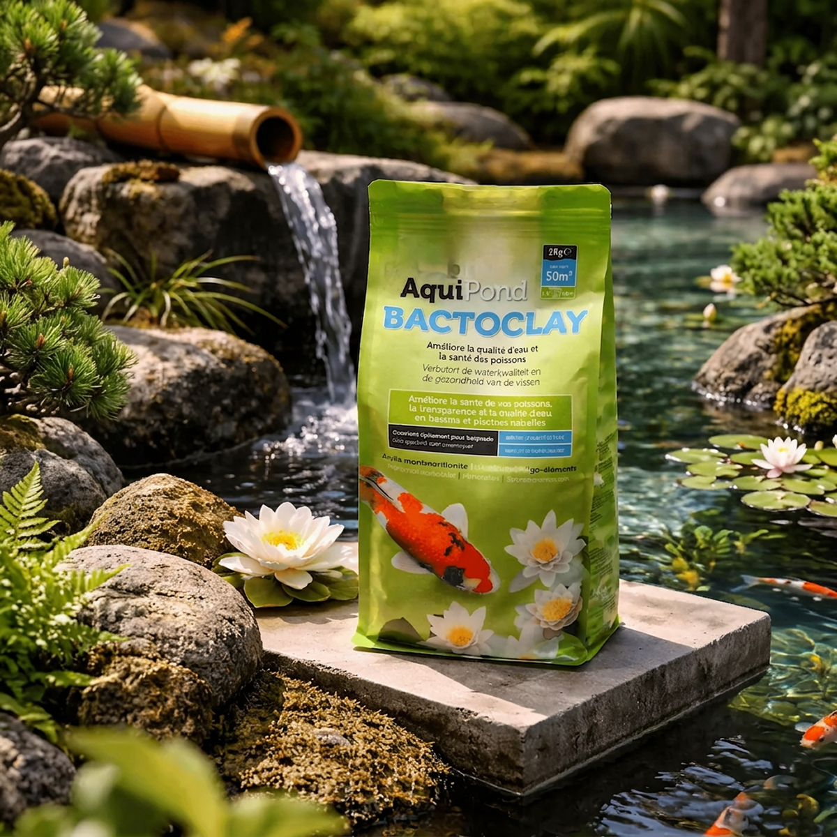 Aquipond BactoClay 2kg en situation, bord de bassin à koïs